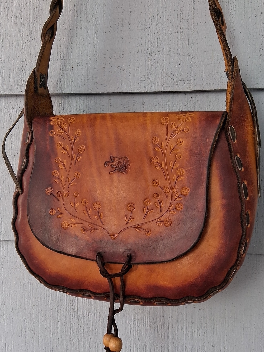 Vintage Handcrafted Tan Brown Leather Tooled Shoulder Bag